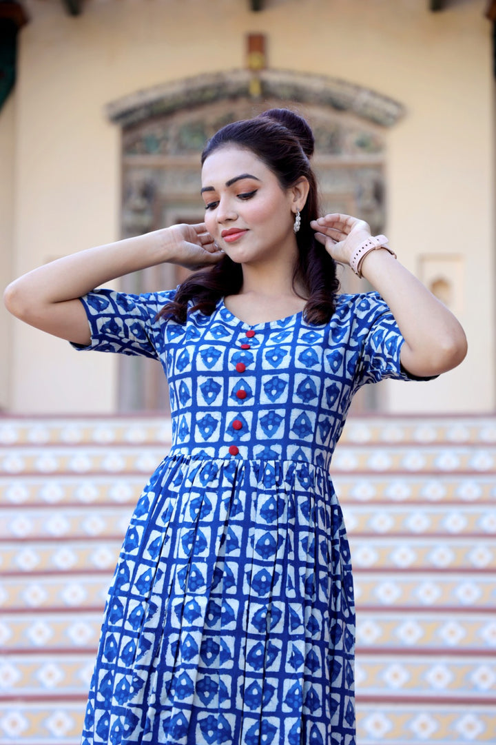 Rangsutra Chaaya Indigo Block Printed Dress With Raglan Sleeves main image 0