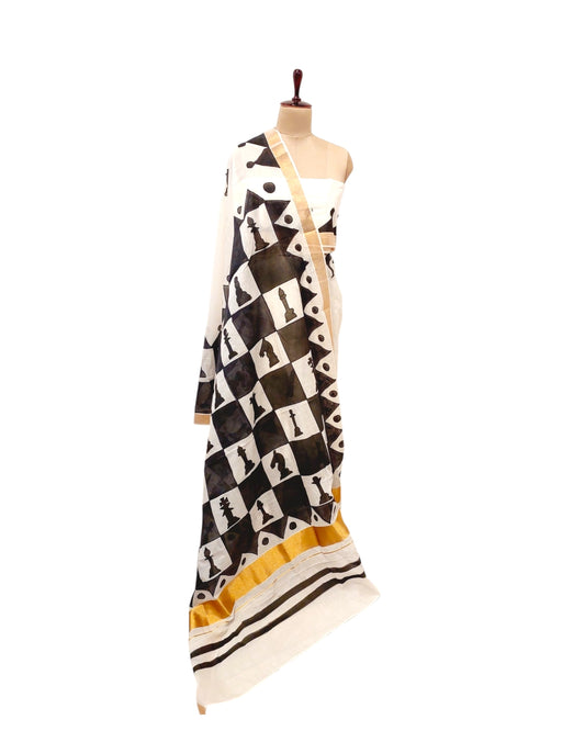 chess print saree, quirky print saree, hand painted pichwai sarees