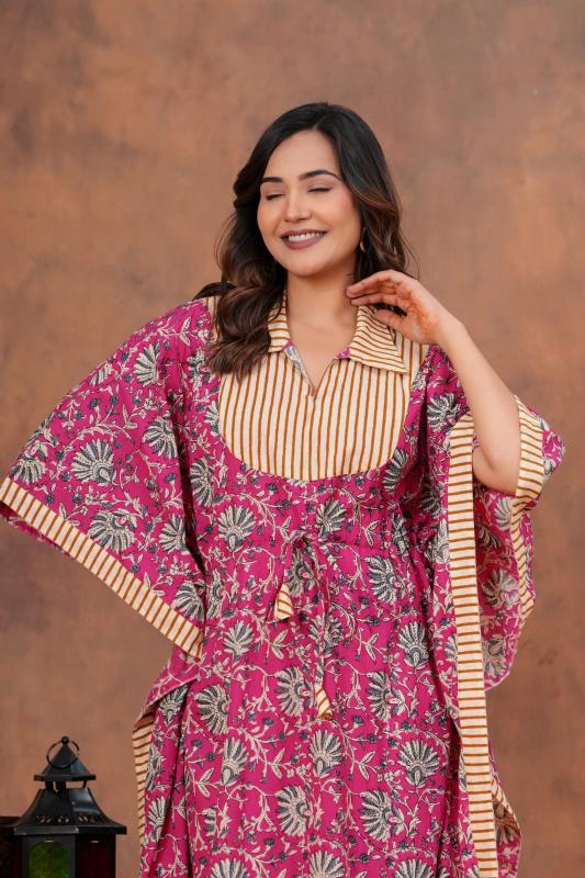 Shop mul mul cotton kaftans for daily wear. Super soft pure cotton long kaftans in floral prints for you.