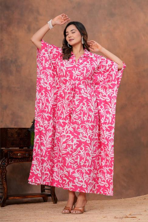 Shop mul mul cotton kaftans for daily wear. Super soft pure cotton long kaftans in floral prints for you.