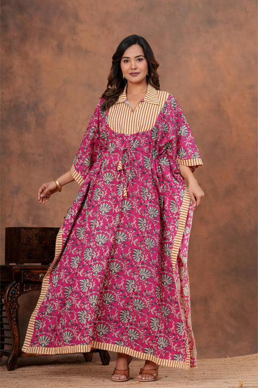 Shop mul mul cotton kaftans for daily wear. Super soft pure cotton long kaftans in floral prints for you.
