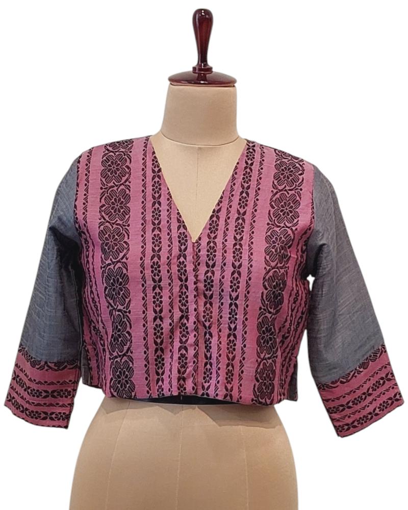 Begumpuri Cotton Grey Pink 3/4 sleeves Readymade Blouse