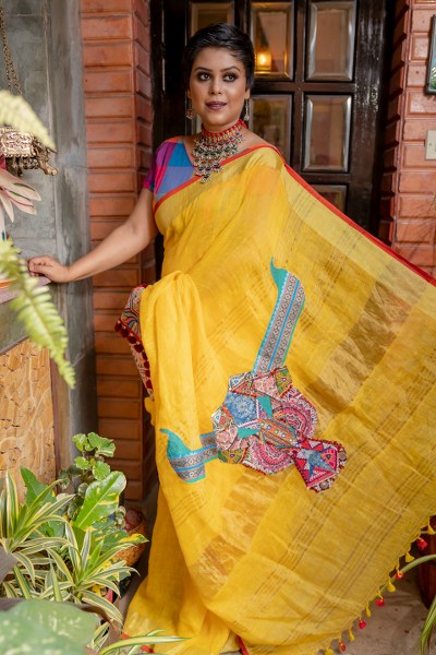 Quirky Linen Saree Abstract Bull