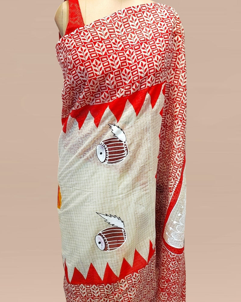 Sindur Khela Hand painted Durga Face Saree, Handpainted Durga face saree,Sindoor Khela Saree, Durga Pujo Sarees, Sada Laal Saree, Red and White Sarees, Durga Puja Sarees, Painted sarees for durga puja, Durga Face Sarees