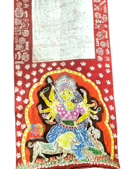 Hand Batik Silk sarees, Durga Batik Painted Saree, Hand painted Saree, Batik Painting saree, Durga Puja Saree, Handpainted Saree, sindur khela saree Handpainted 