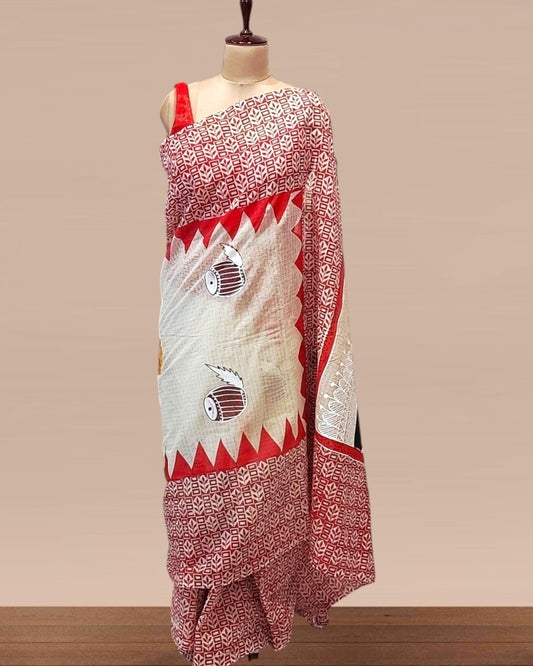 Sindur Khela Hand painted Durga Face Saree, Handpainted Durga face saree,Sindoor Khela Saree, Durga Pujo Sarees, Sada Laal Saree, Red and White Sarees, Durga Puja Sarees, Painted sarees for durga puja, Durga Face Sarees