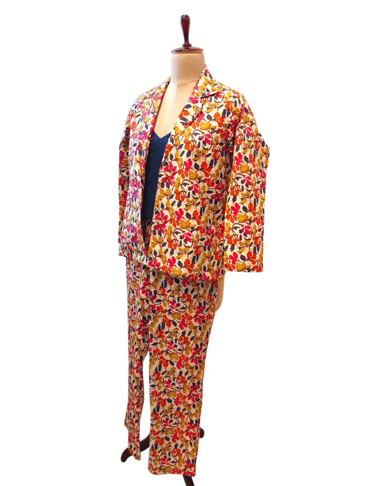 Multicolor Floral Printed Blazer set, Cotton Blazer Pant Set, Co ord set, Floral Blazer Pant Set, Casual Blazer Pant Set, Cotton Blazer Pant Set, Cotton Blazer with Trouser, Set of 3 Blazer Pant Set, Open Front Blazer with Trouser, office wear Blazer Pant Set, 