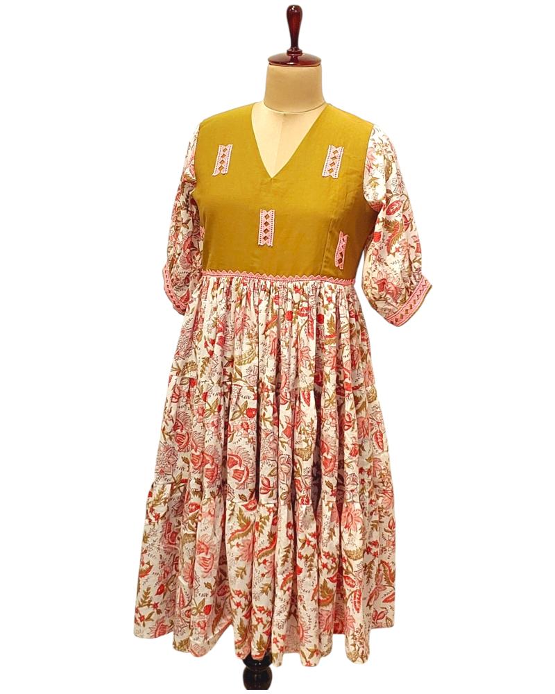 Frill Layered Olive and baby Pink Mul Mul cotton Dress Calf Length with Balloon Sleeves