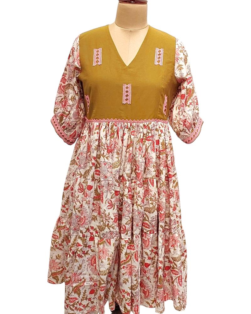 Frill Layered Olive and baby Pink Mul Mul cotton Dress Calf Length with Balloon Sleeves