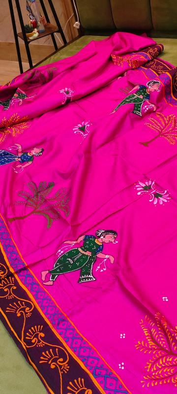 handpainted, saree, silk, tussar, designer, ethnic, indian, traditional, artisanal, luxury, unique, gift for her, Pattachitra saree,  Krishna leela saree, Hot pink painting saree