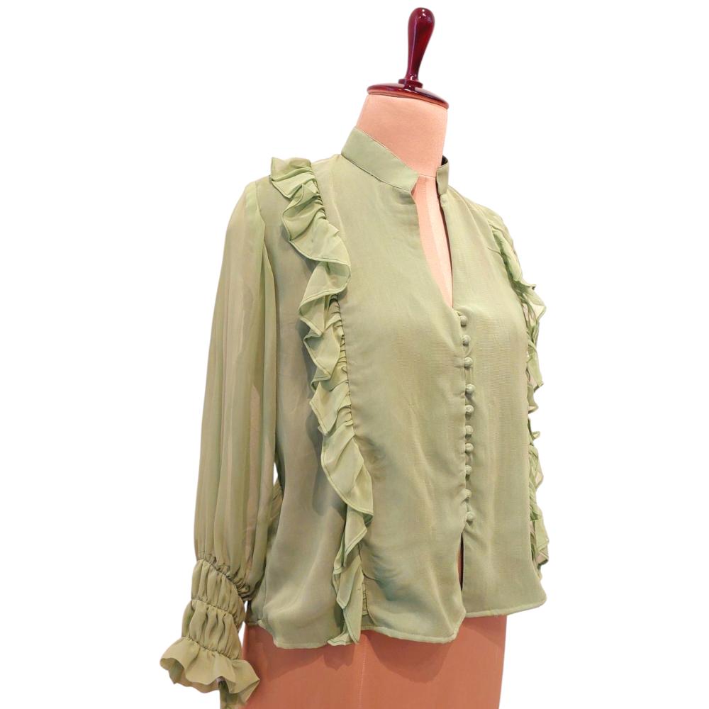 Pastel Olive Ruffled Shirt full Sleeves, Cottagecore Clothes, Pastel Women Shirt, Olive green shirt, Frill shirt, Wabi Sabi