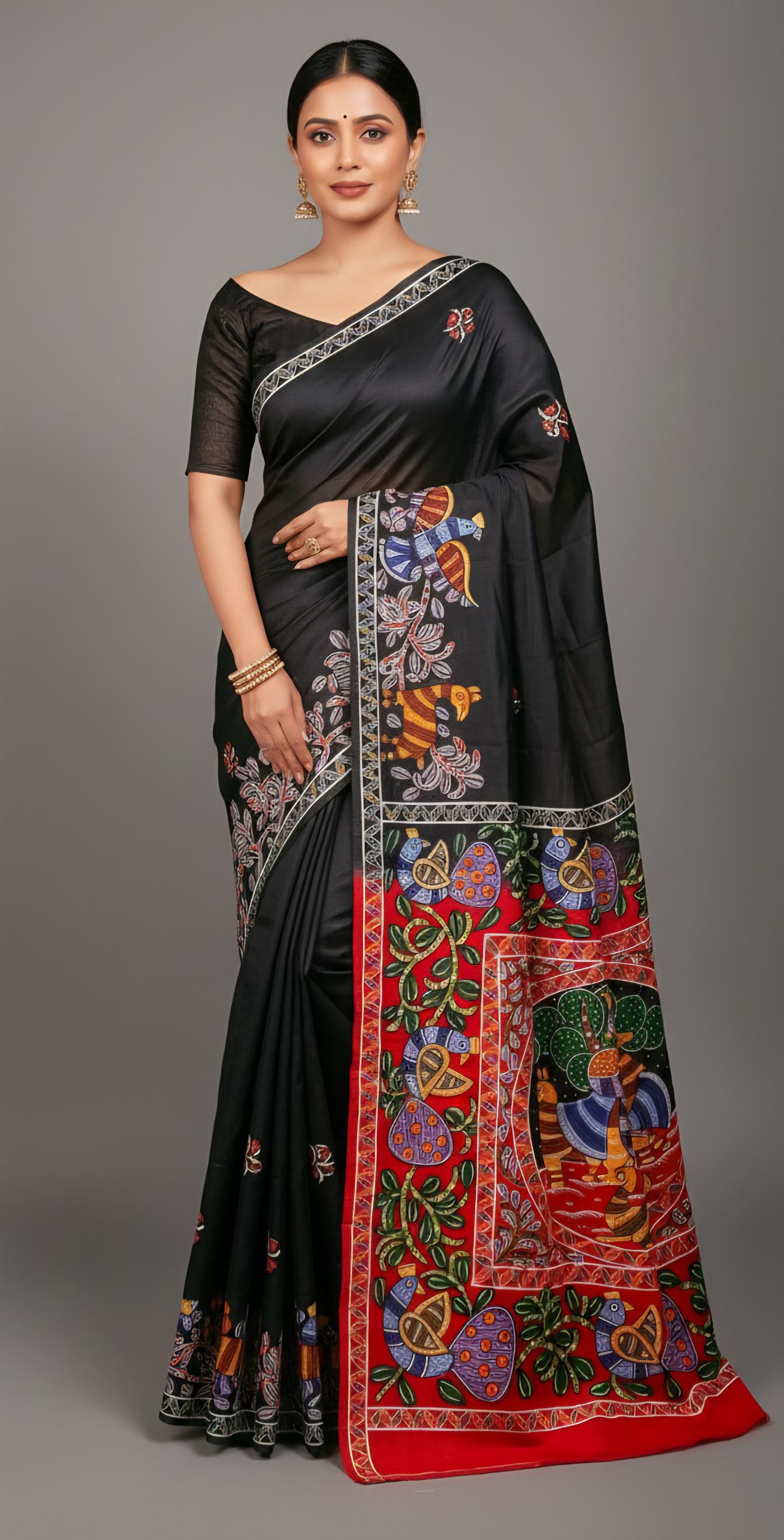 handpainted, saree, silk, tussar, designer, ethnic, indian, traditional, artisanal, luxury, unique, gift for her, Pattachitra saree,  Krishna leela saree, Gond painting saree