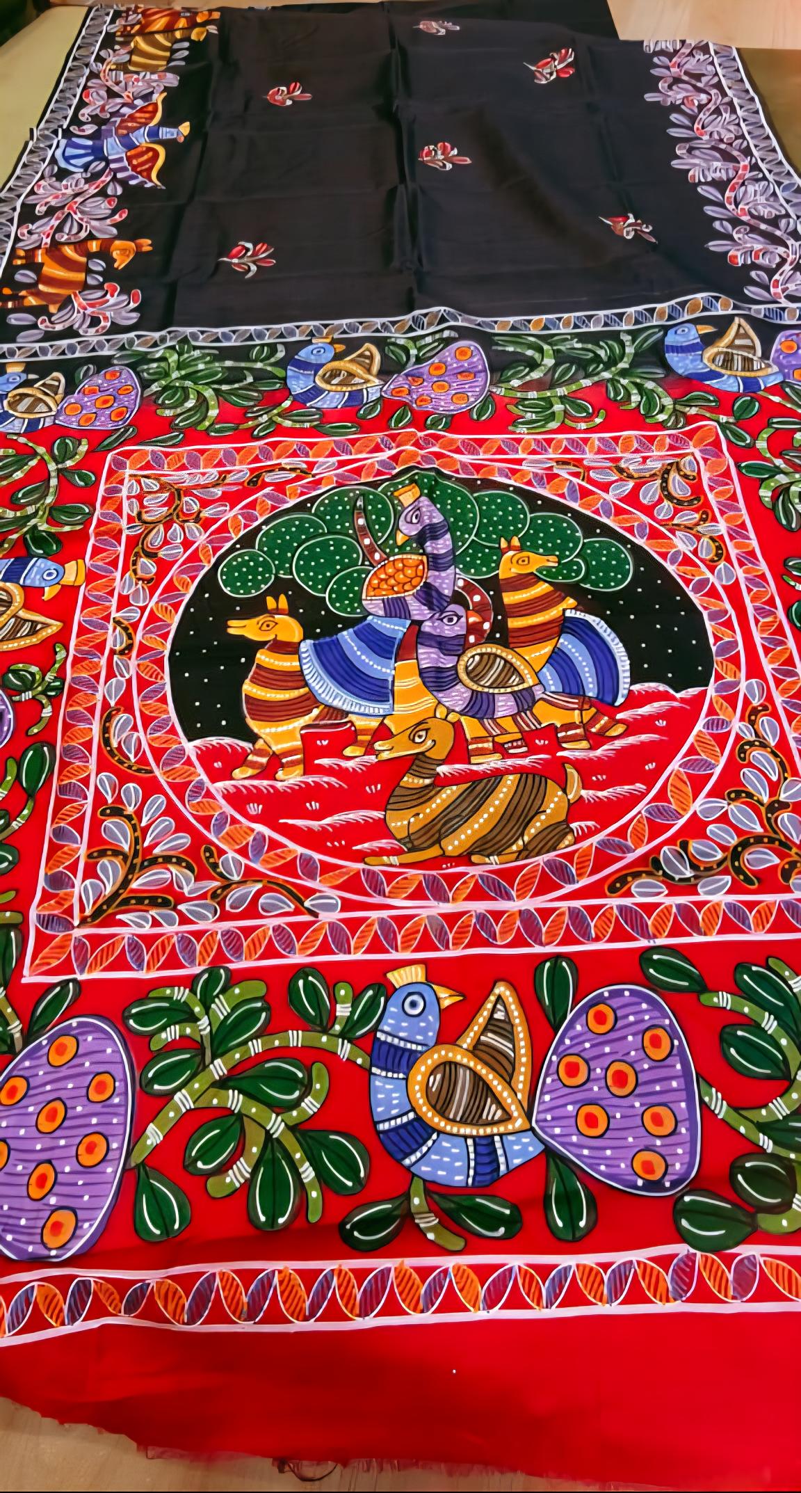 handpainted, saree, silk, tussar, designer, ethnic, indian, traditional, artisanal, luxury, unique, gift for her, Pattachitra saree,  Krishna leela saree, Gond painting saree