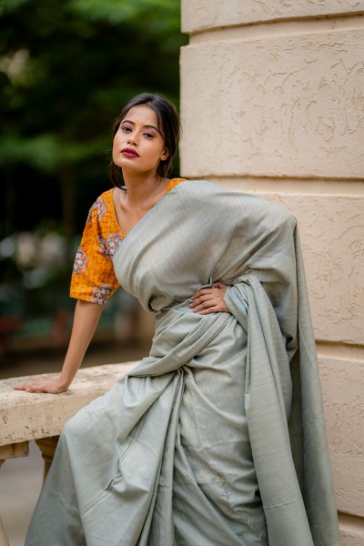 Grey Saree Durga Puja