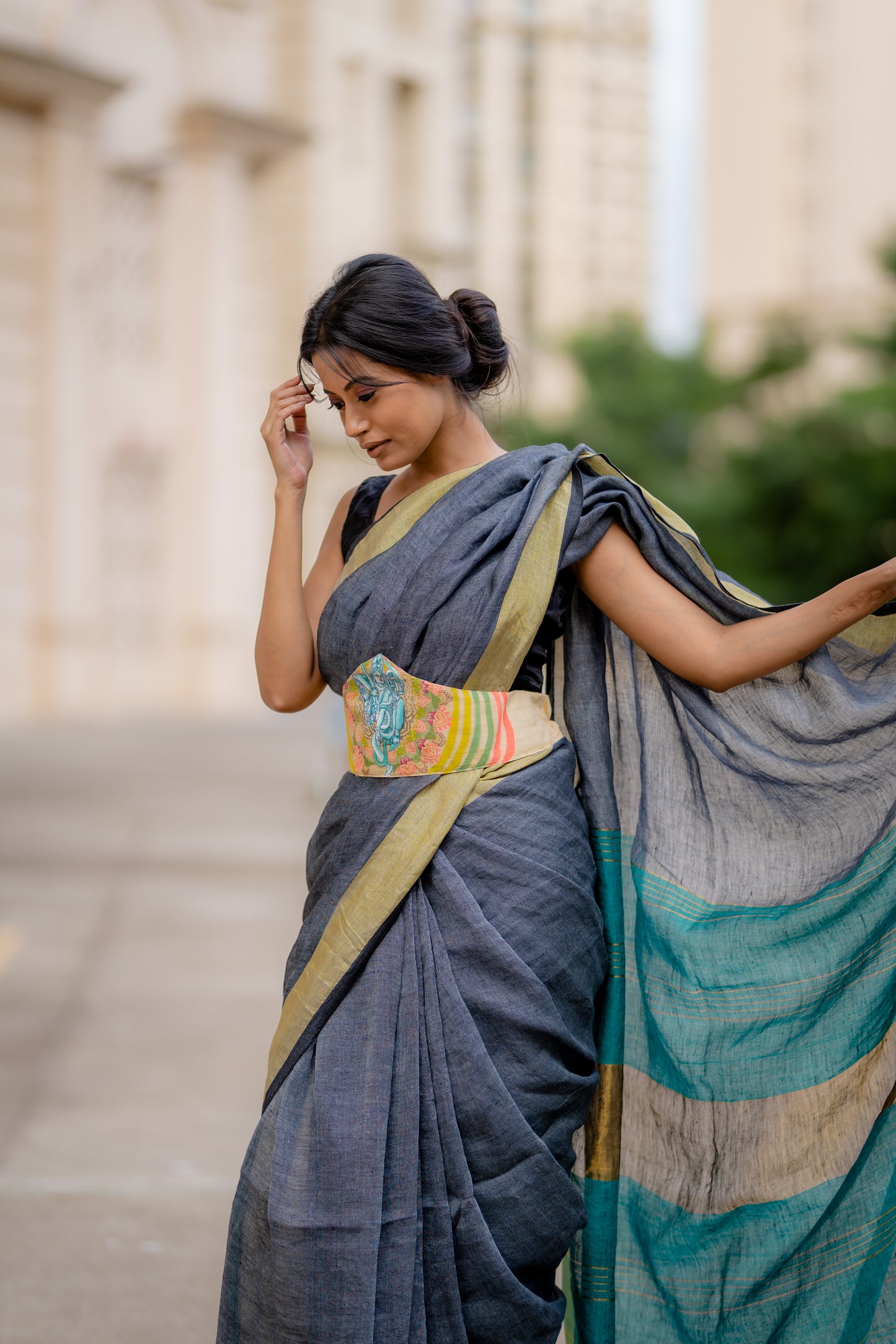 Grey linen antique saree