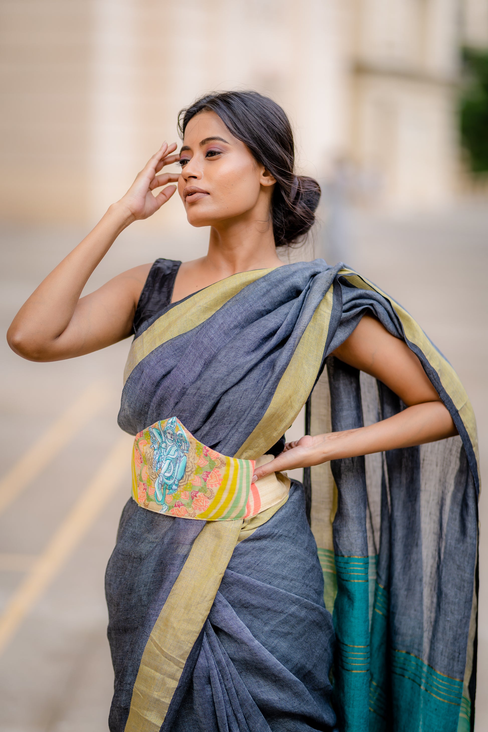 Grey linen antique zari saree