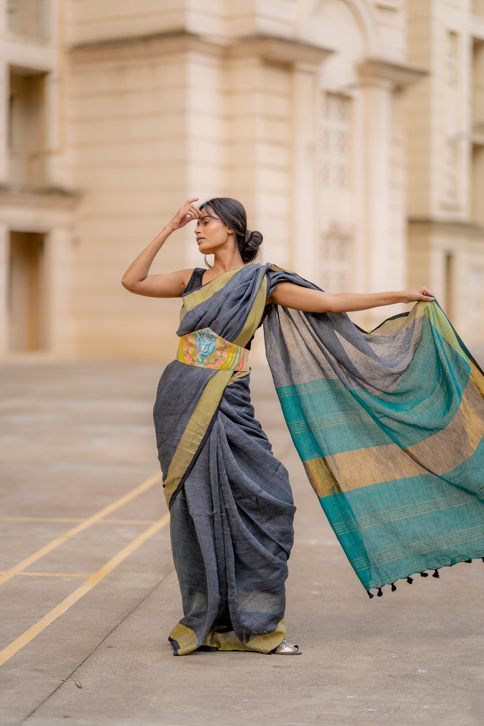 Grey linen saree