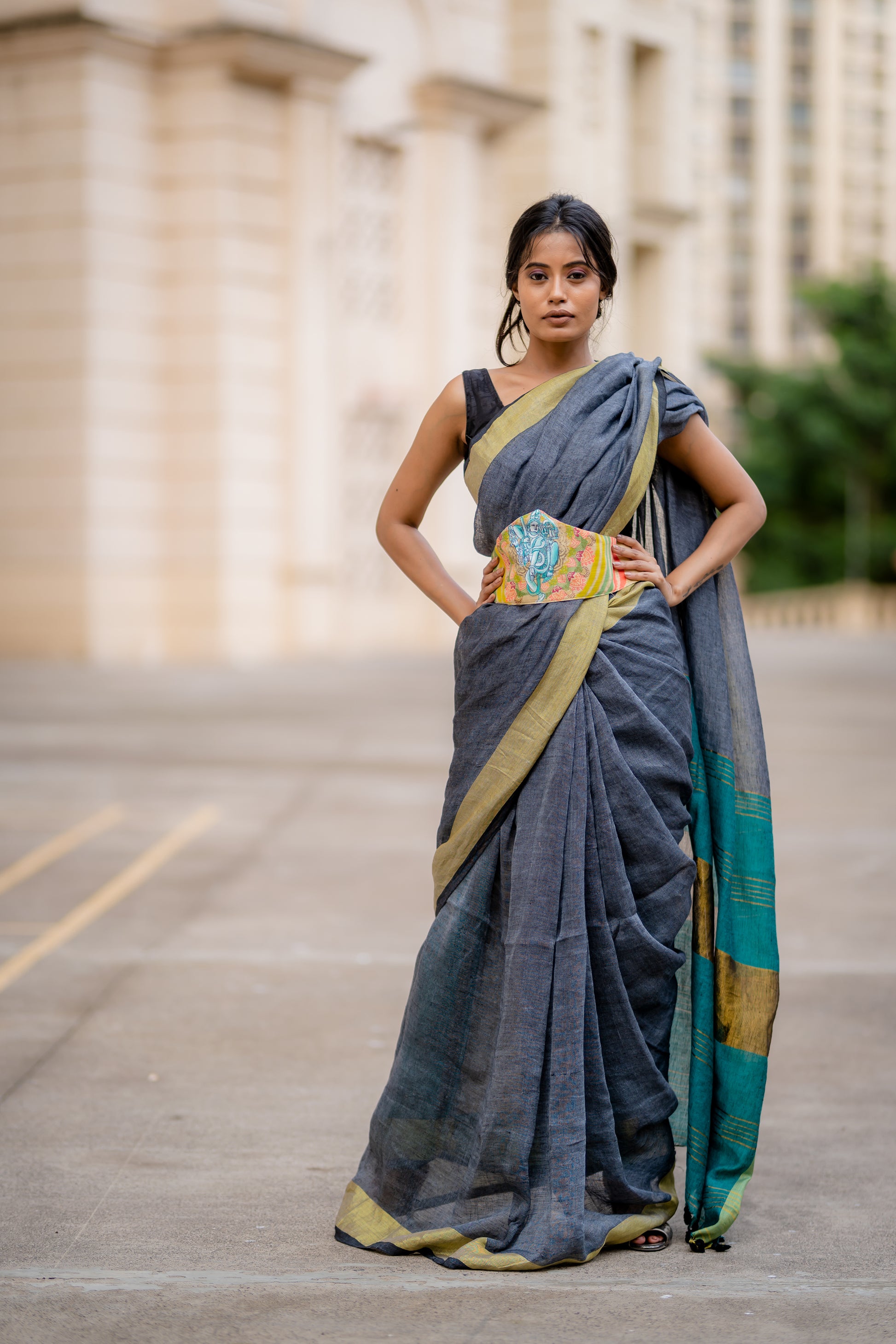 Grey linen zari saree