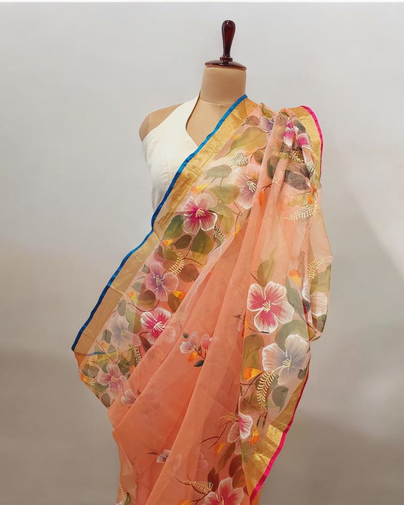 Hand painted Floral Resham Silk Muslin Saree