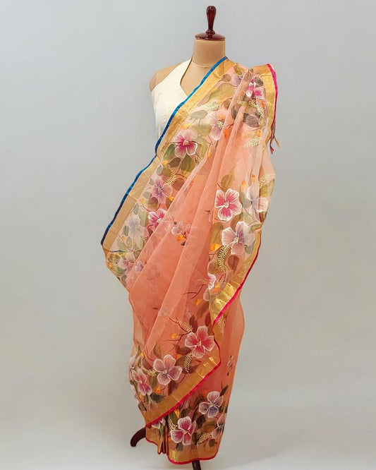 Hand painted Floral Resham Silk Muslin Saree