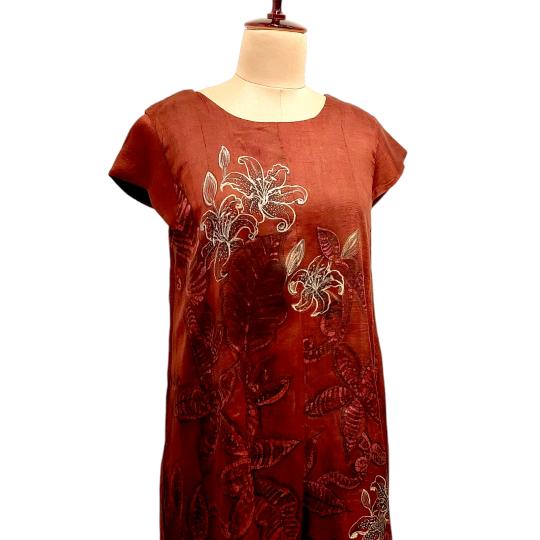 Lily Dumbacane Leaves Batik Dress, Boho Dress , Burgandy Dress, Bohemian Dress, A line Batik Silk Dress, Silk Dress, Hand Batik Silk Dress, Wax Batik Dress