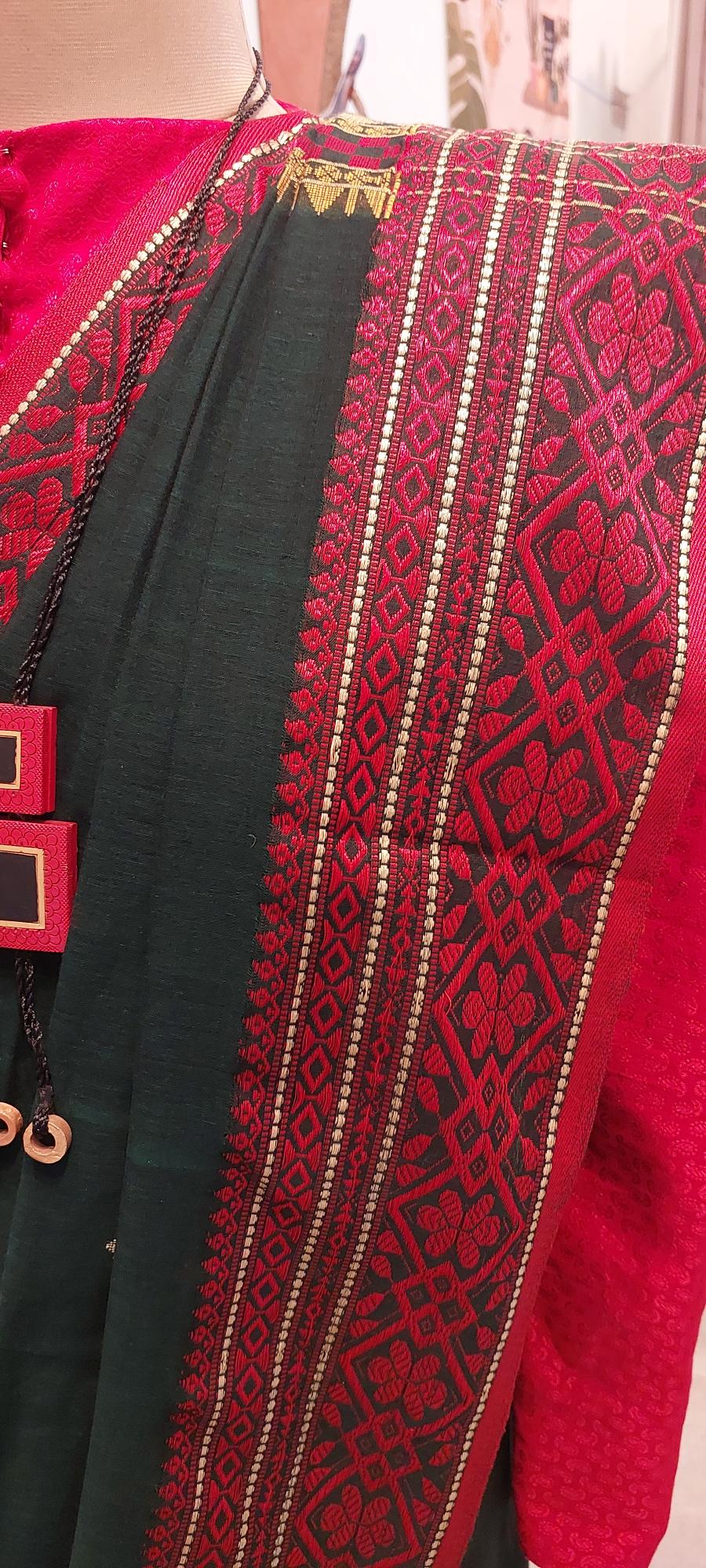 Shop handloom saree Dark green begumpuri saree with abstract weave border exudes timeless elegance and comfort. Handwoven saree is Perfect for office wear and formal meetings.