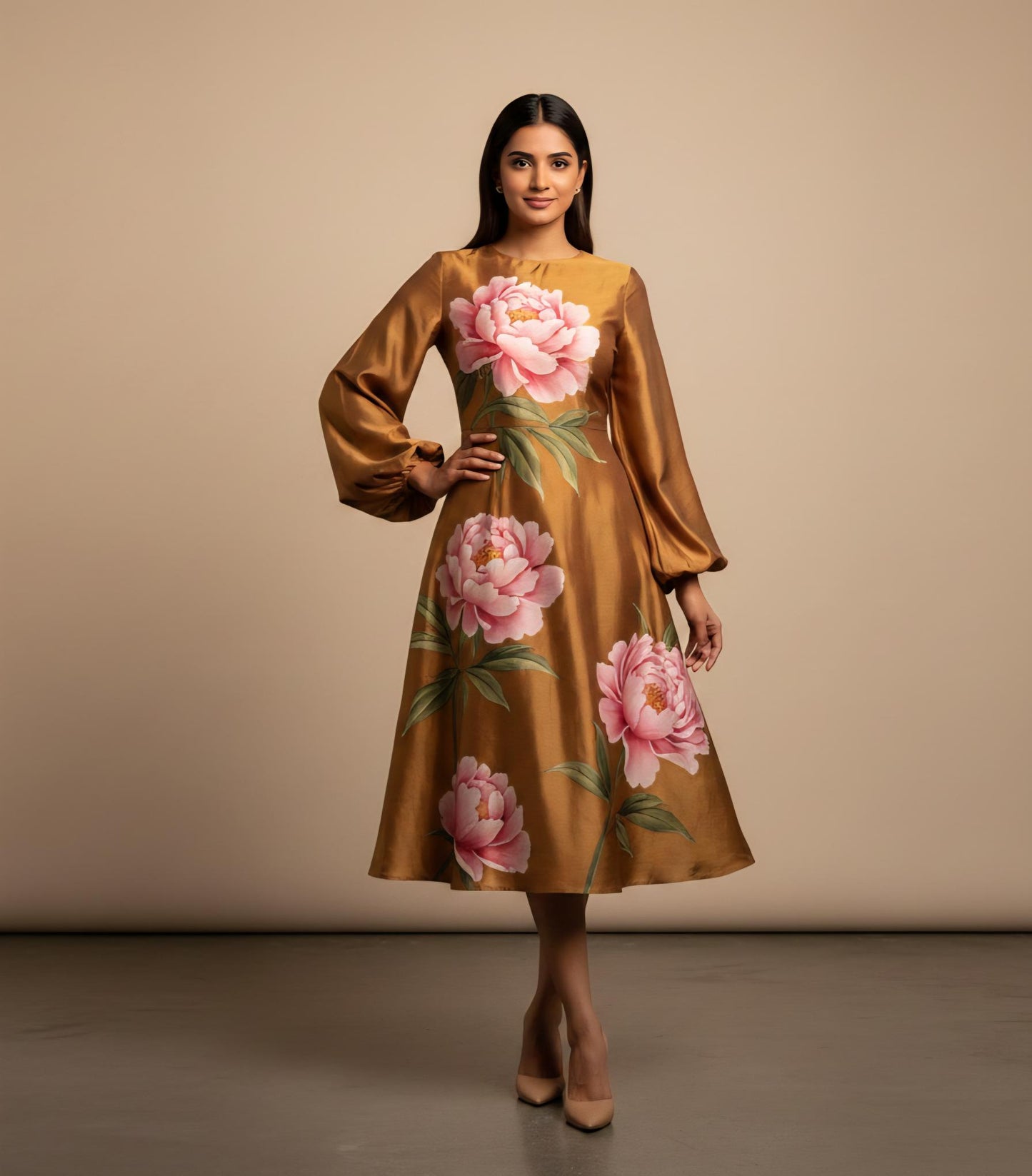 Handpainted Dress, Floral Midi Dress, Peony Print, Artisan Fashion, Bronze Satin Dress, Bishop Sleeve Dress, Wedding Guest Outfit, Luxury Occasion Wear, Wearable Art, Statement Dress, Spring Fashion 2026.
