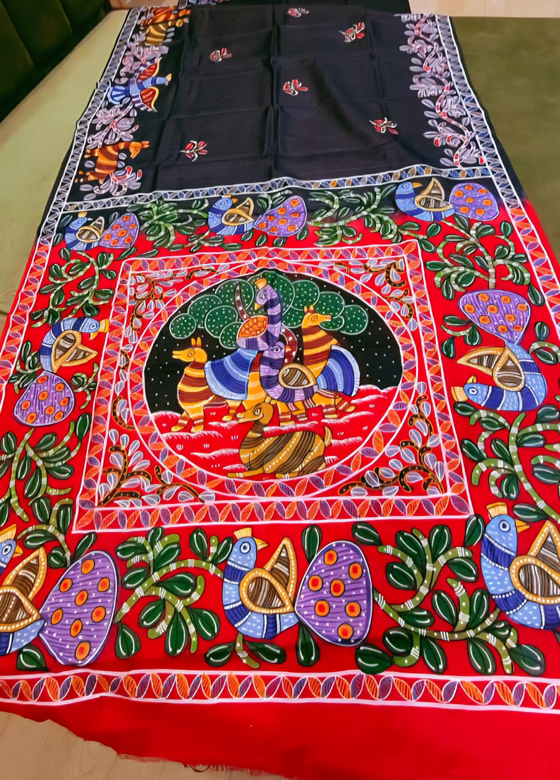 handpainted, saree, silk, tussar, designer, ethnic, indian, traditional, artisanal, luxury, unique, gift for her, Pattachitra saree,  Krishna leela saree, Gond painting saree