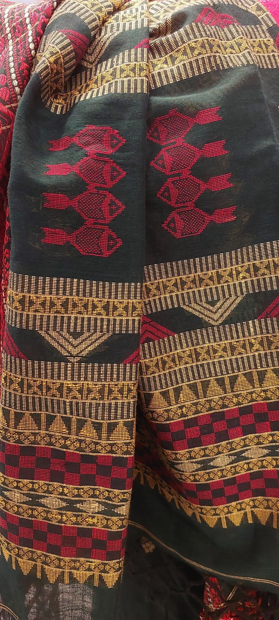 Shop handloom saree Dark green begumpuri saree with abstract weave border exudes timeless elegance and comfort. Handwoven saree is Perfect for office wear and formal meetings.