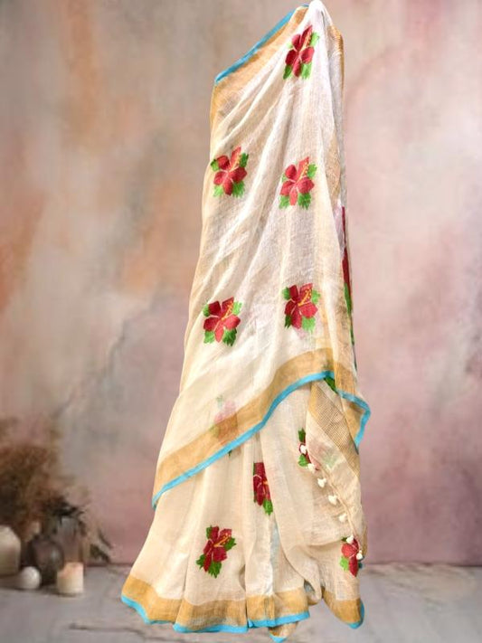 Linen Hibiscus Jamdani Saree