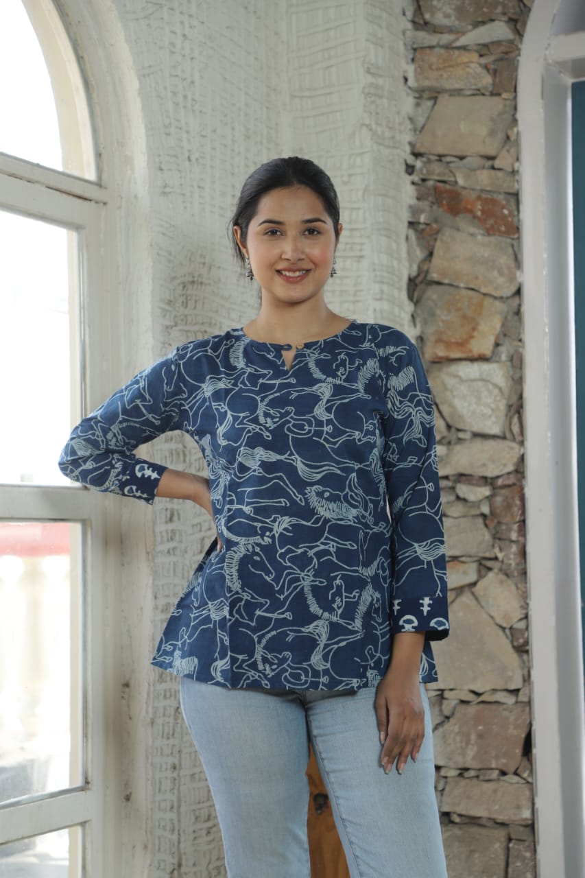 Horse Print Mul Cotton Tops Indigo