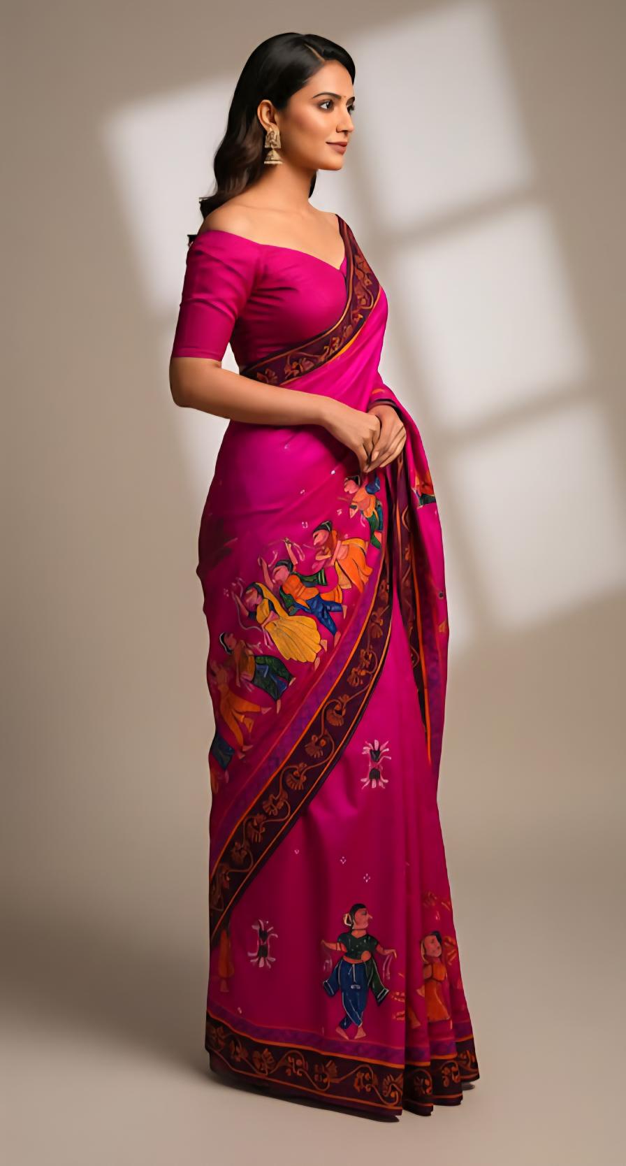 handpainted, saree, silk, tussar, designer, ethnic, indian, traditional, artisanal, luxury, unique, gift for her, Pattachitra saree,  Krishna leela saree, Hot pink painting saree