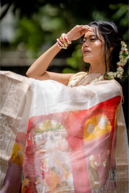 Durga Hand painted Organza Silk saree