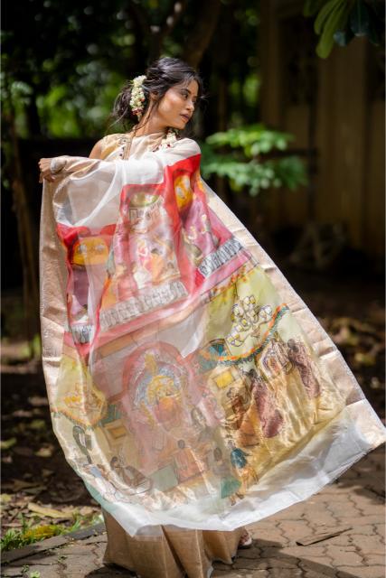 Durga Hand painted Organza Silk saree