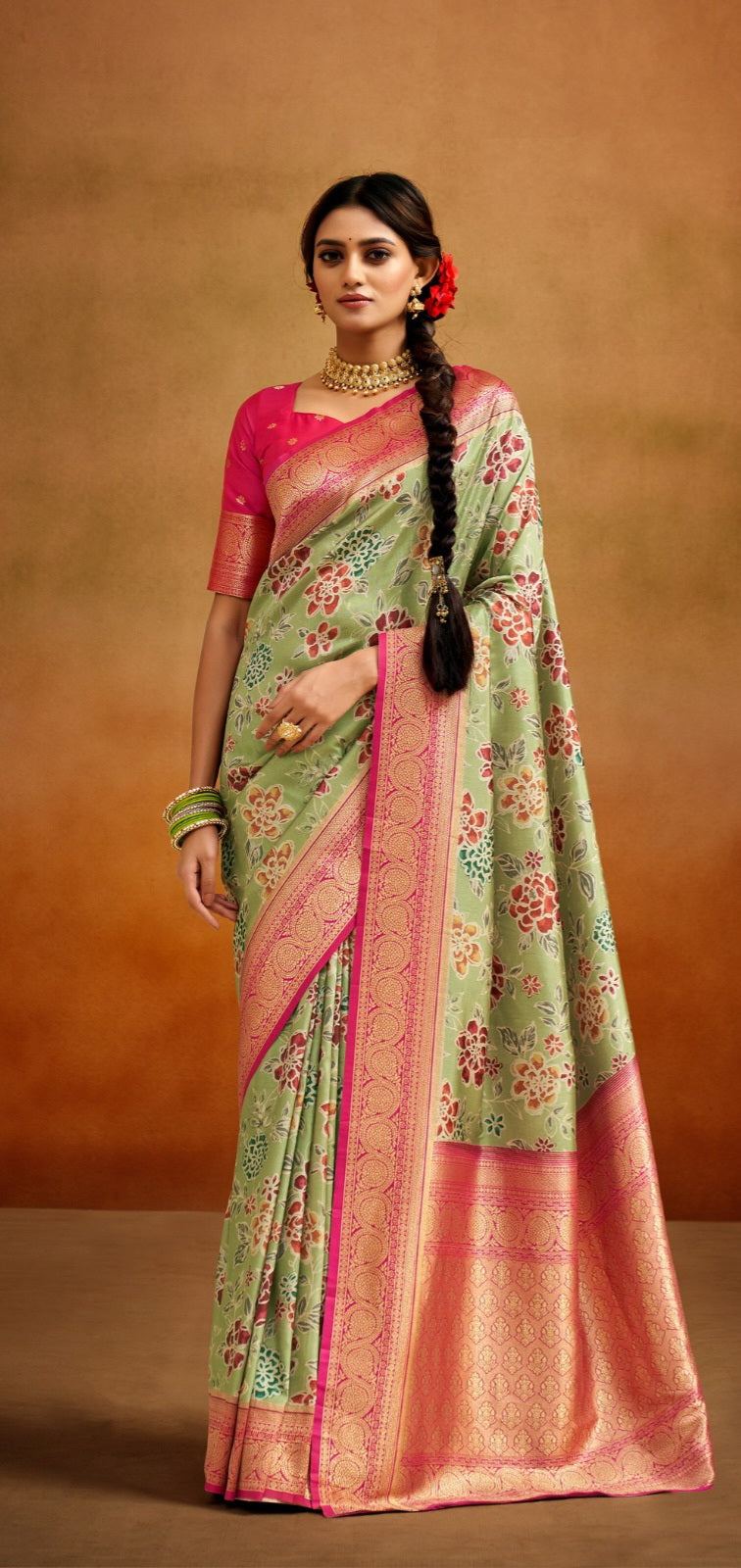 Pista Tussar Floral silk saree