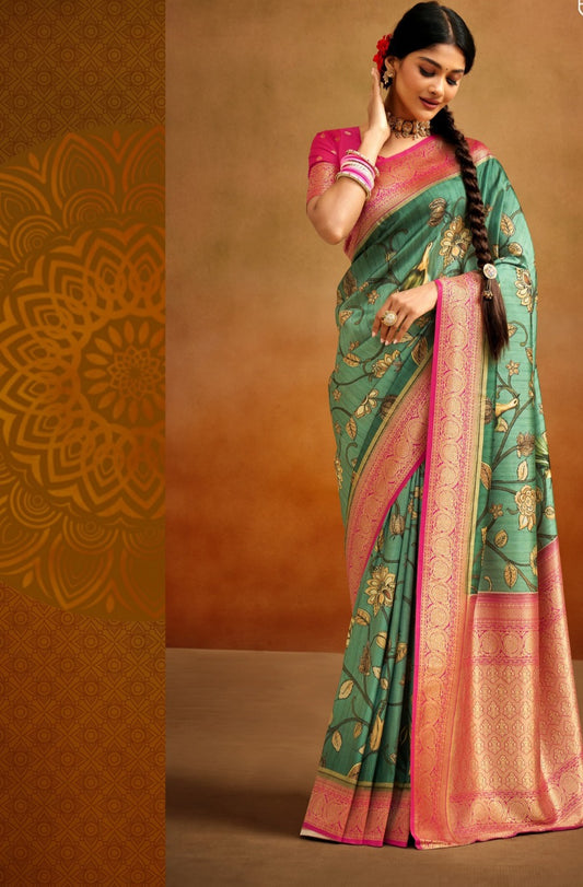 Sea Green Tussar Kalamkari silk saree