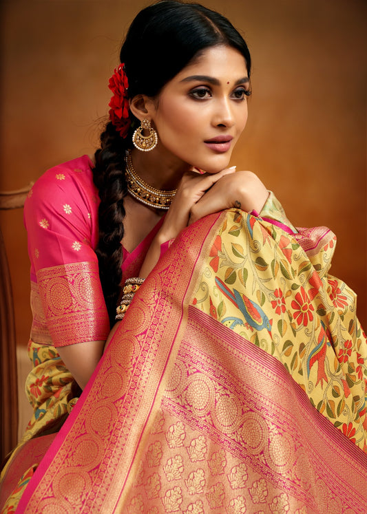 Pastel Yellow Tussar Silk saree with florals