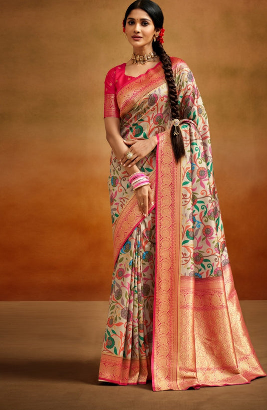 Kalamkari Floral Tussar Silk Saree