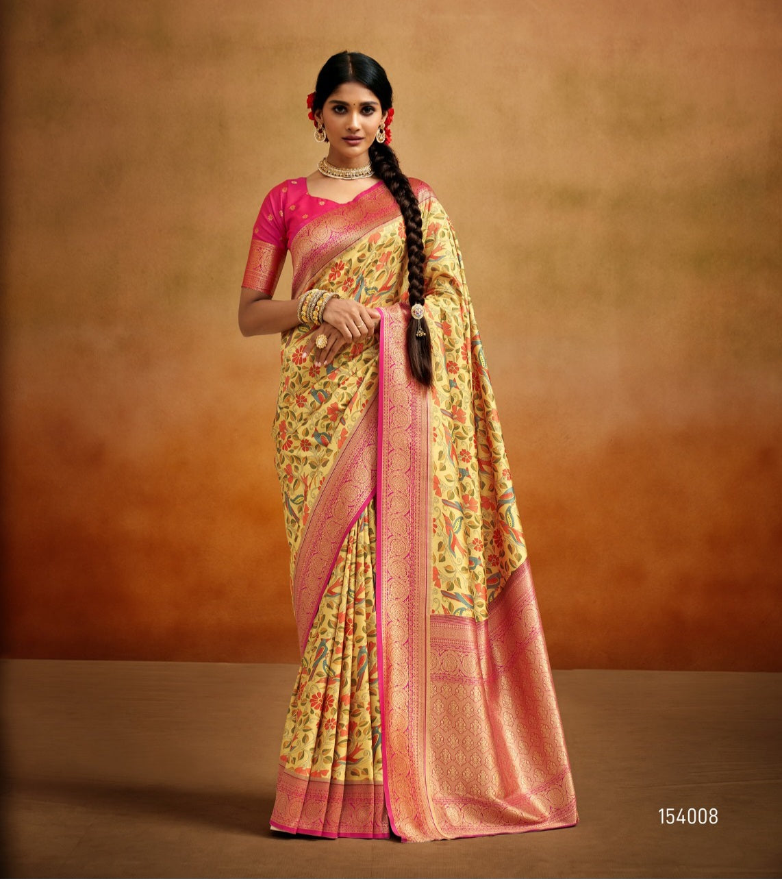 Pastel Yellow Tussar Silk saree with florals