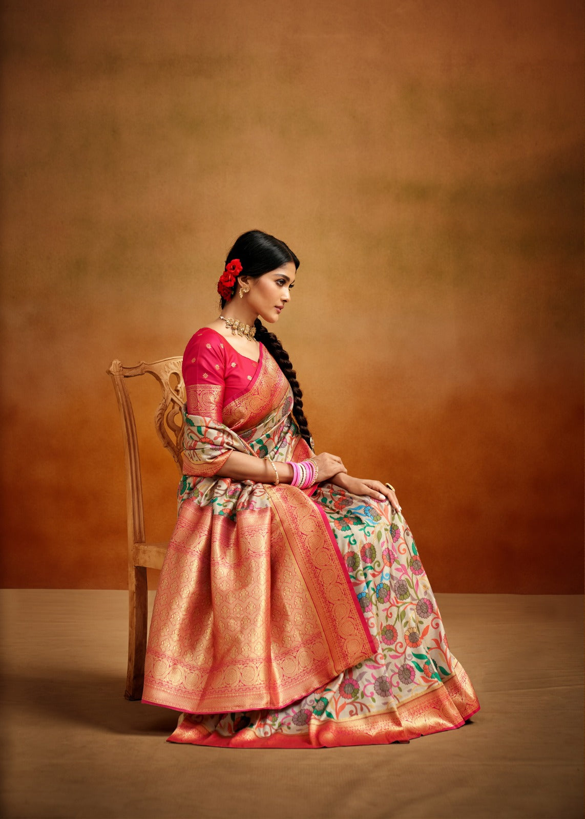 Kalamkari Floral Tussar Silk Saree