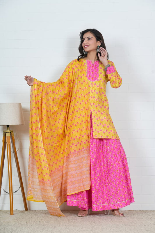 Lemon yellow Pink Mul Cotton Lehenga Set