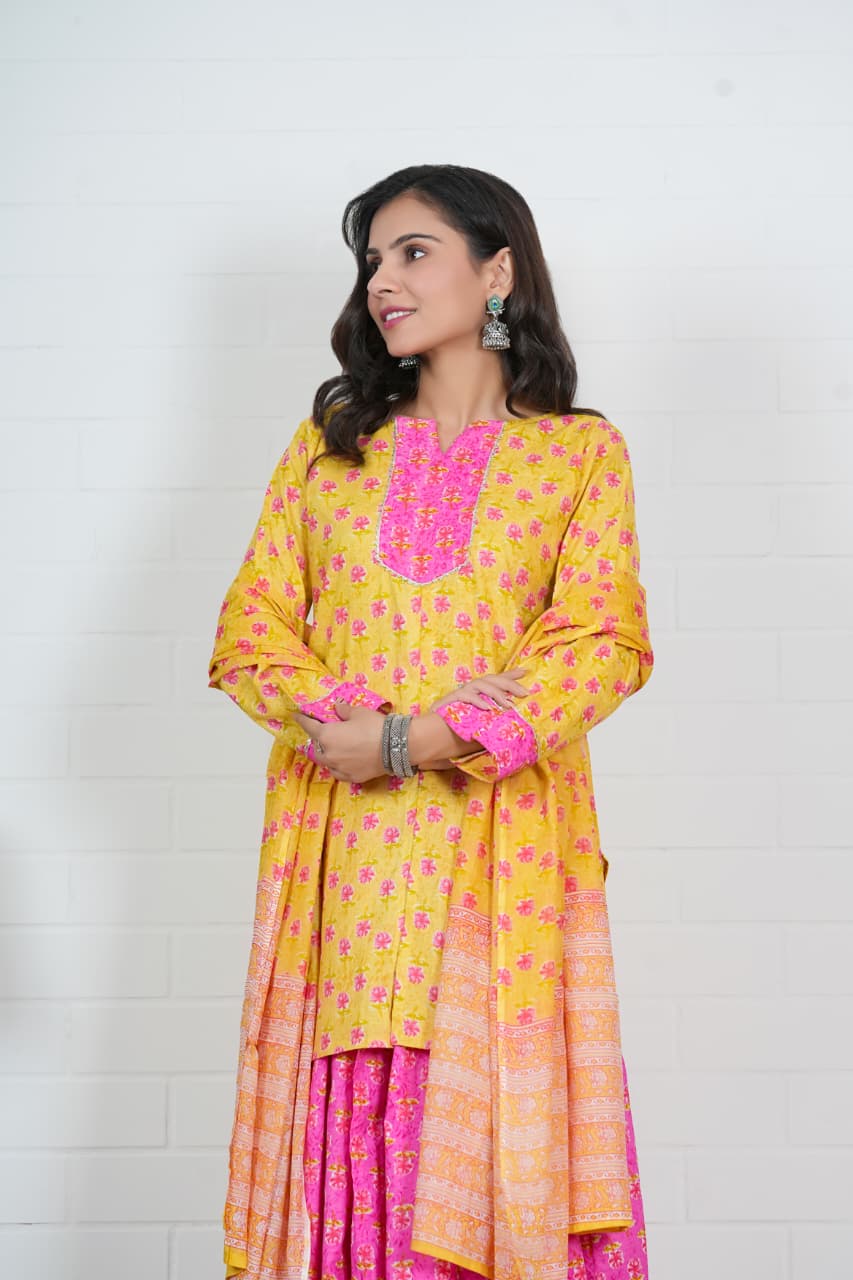 Lemon yellow Pink Mul Cotton Lehenga Set