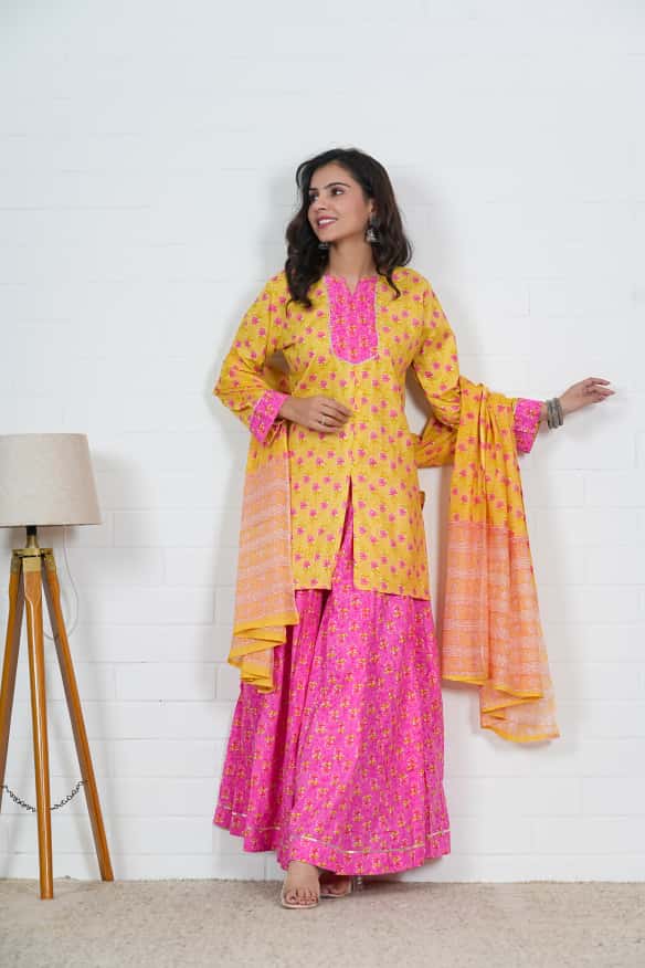 Lemon yellow Pink Mul Cotton Lehenga Set