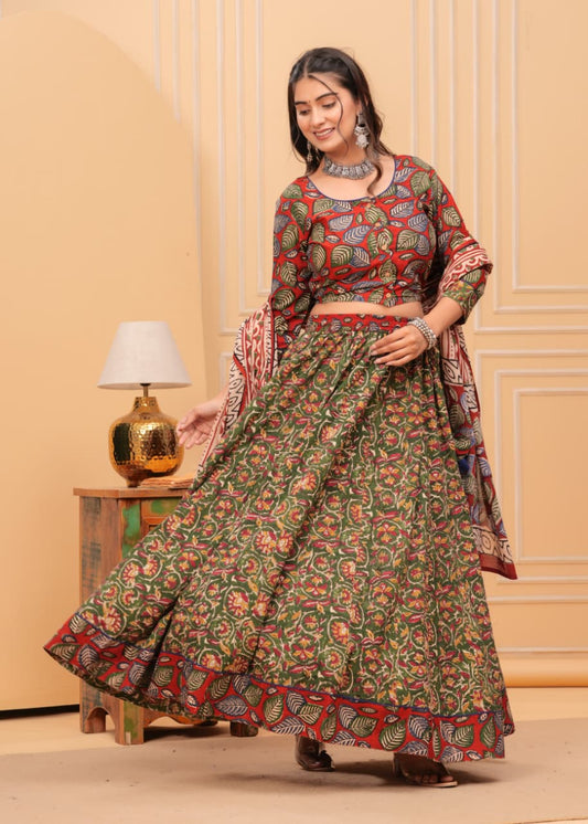 Moss Green Cotton Lehenga Set