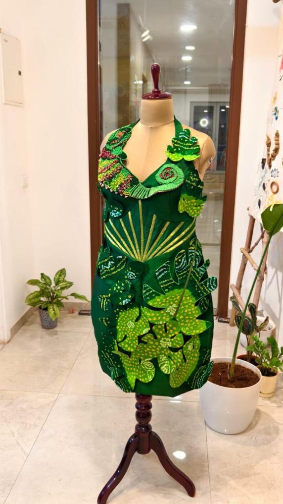 Iguana Dress, Monstera Leaf Designer Outfit, Emerald Green Wearable Art, Exotic Animal Couture, vegan outfit