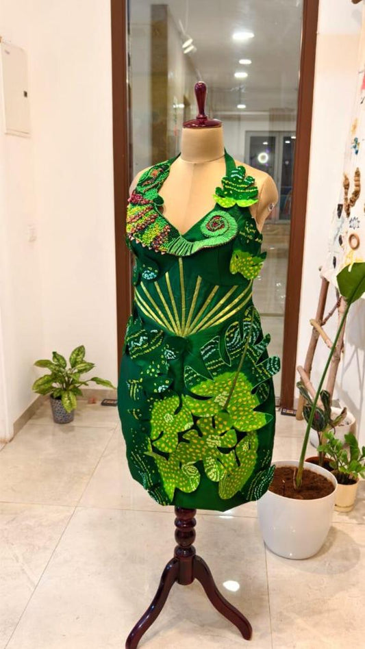 Iguana Dress, Monstera Leaf Designer Outfit, Emerald Green Wearable Art, Exotic Animal Couture, vegan outfit