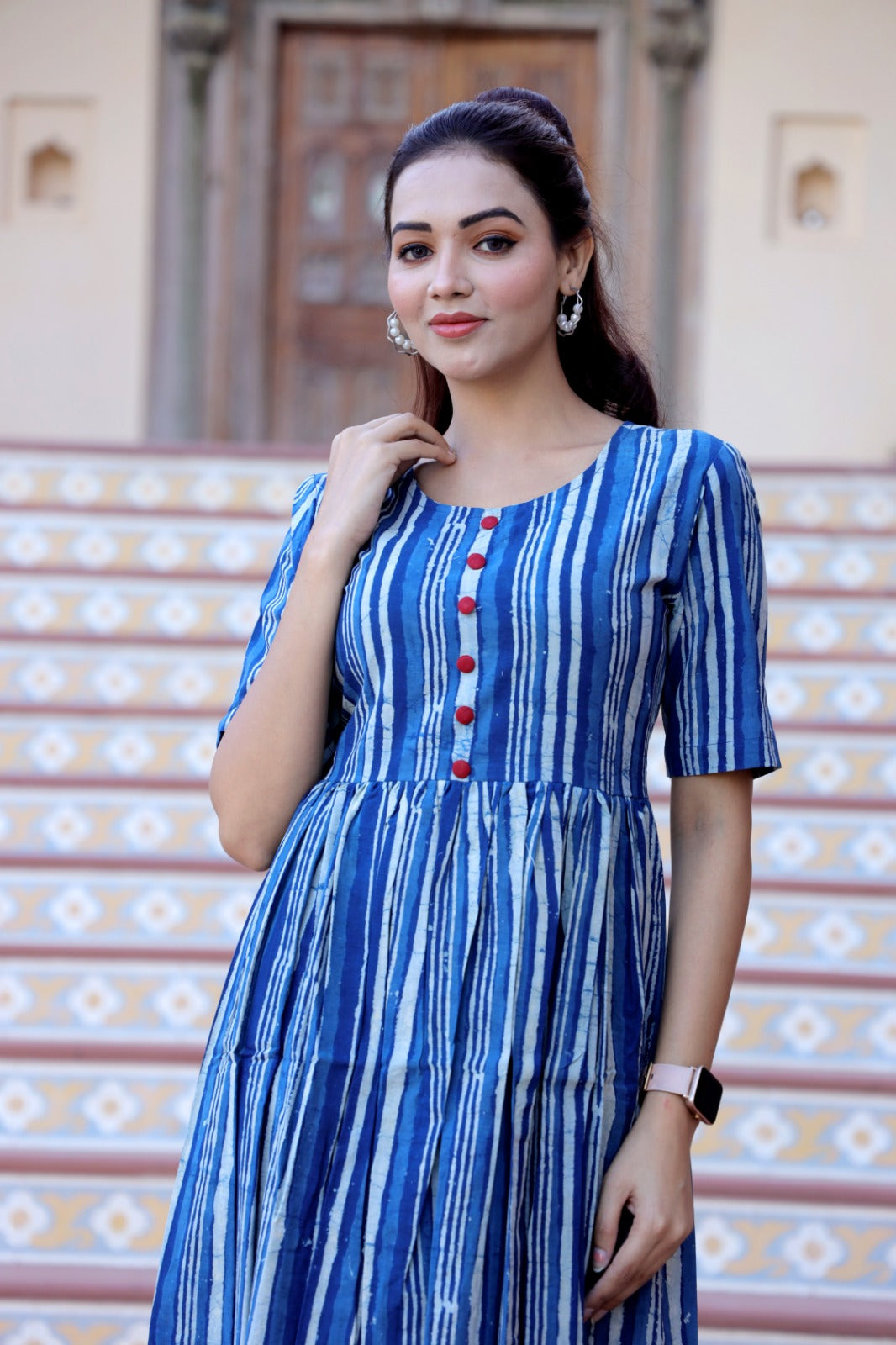 Indigo Mul Mul Cotton striped dress