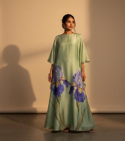 Handpainted Silk Iris Kaftan Dress | Sage Green Luxury Resort Wear outfit