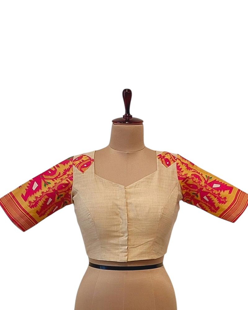 Jamdani Blouses, Beige patchwork Blouse, 
Custom fit blouses, designer blouses. Handloom blouses