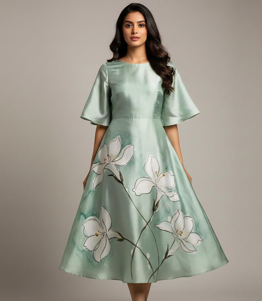 Handpainted floral dress, sage green midi dress, jasmine print dress, artisan clothing, silk blend A-line dress, bell sleeve midi dress, wedding guest dress green, botanical print dress, sustainable fashion, artistic women's clothing.